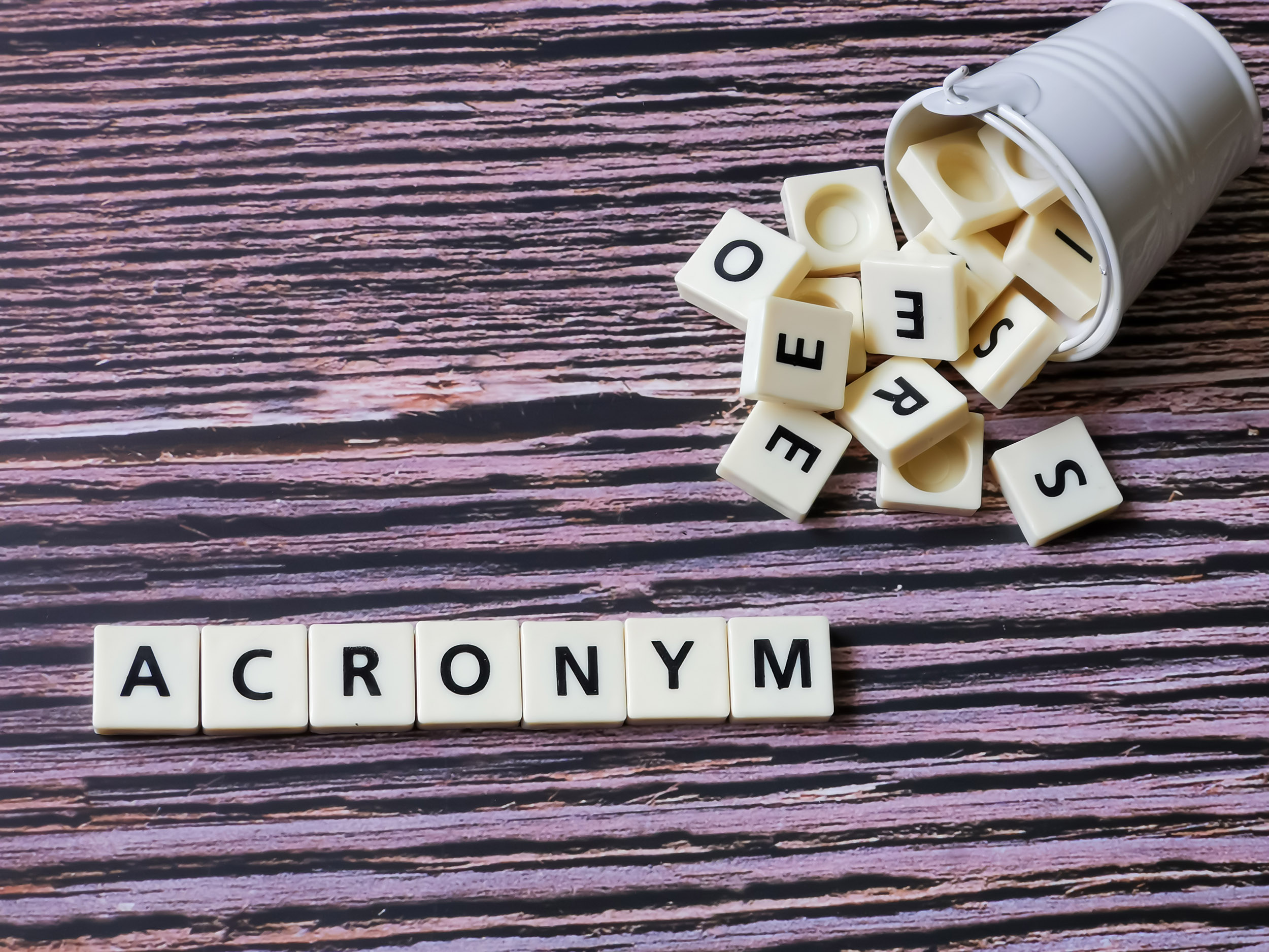 CRONYM word made from square letter tiles on wooden background.